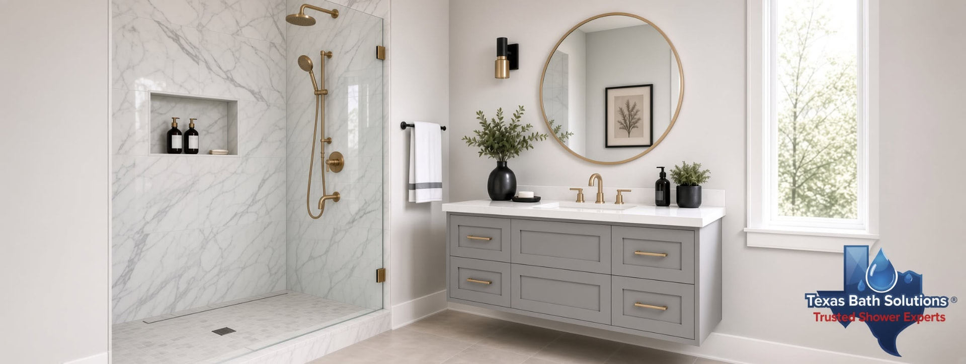 Bathroom with walk-in shower and vanity