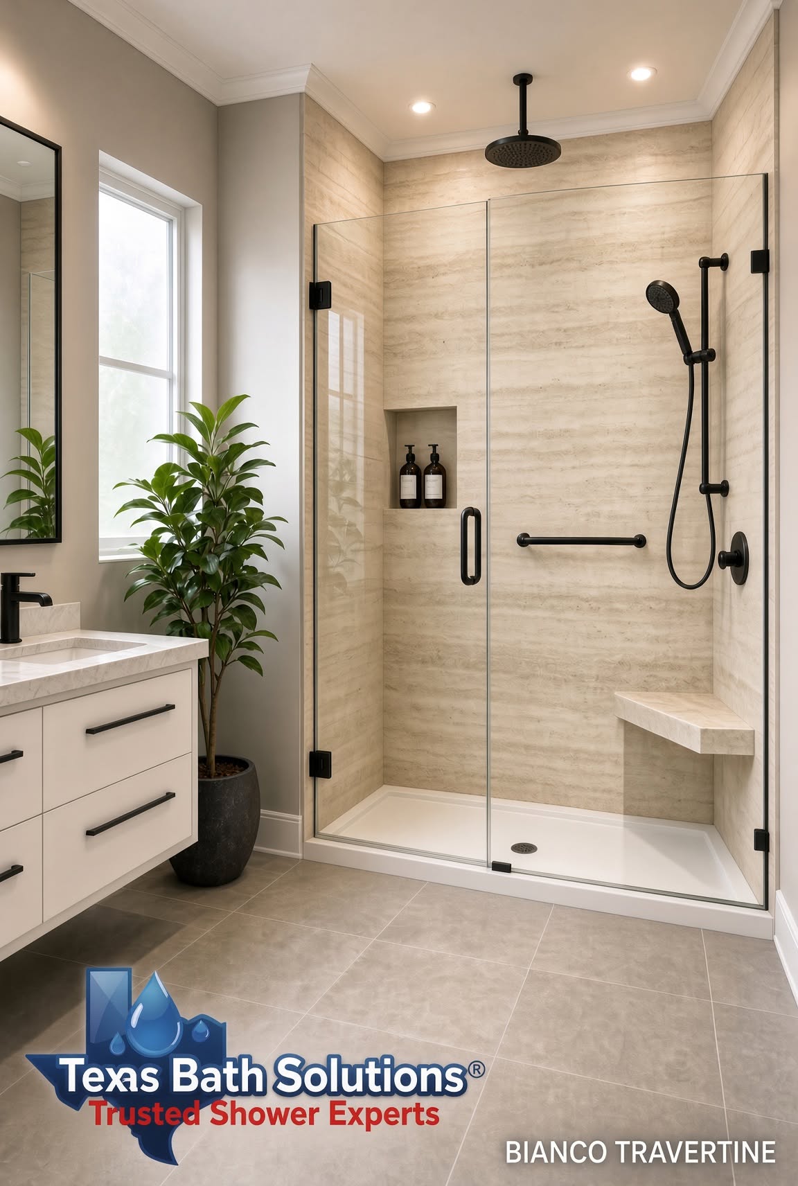 Bianco Travertine walk-in shower inspiration